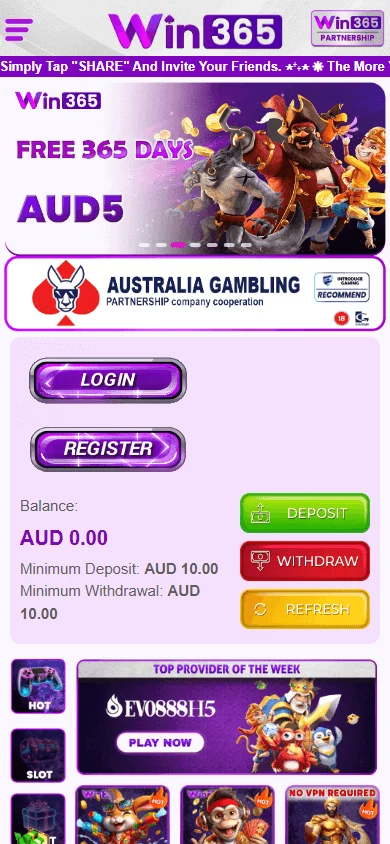 Win365 Casino home experience on a mobile device