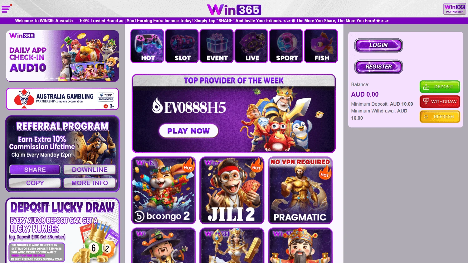 Win365 Casino home experience on desktop
