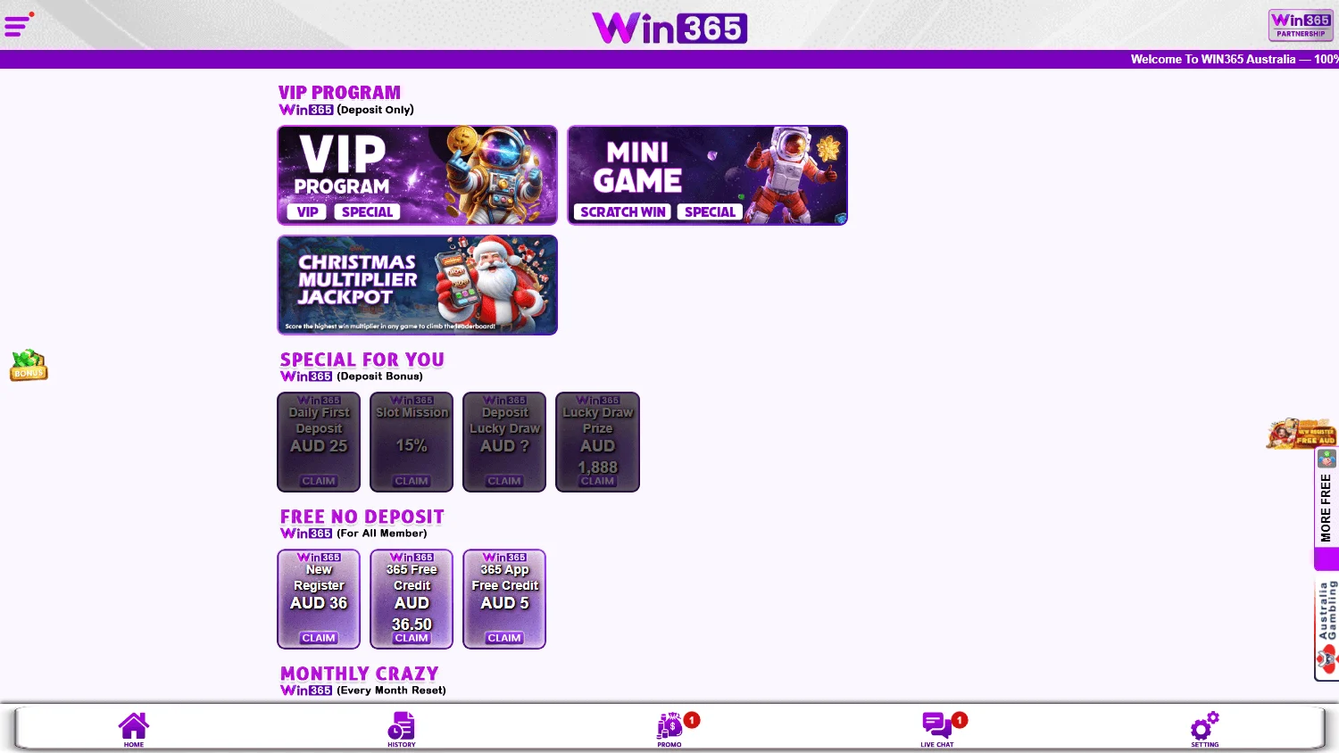 Win365 Casino promotions experience on desktop