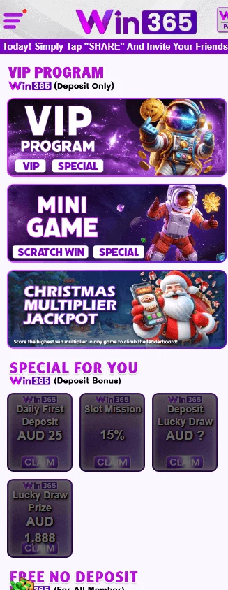 Win365 Casino promotions experience on a mobile device